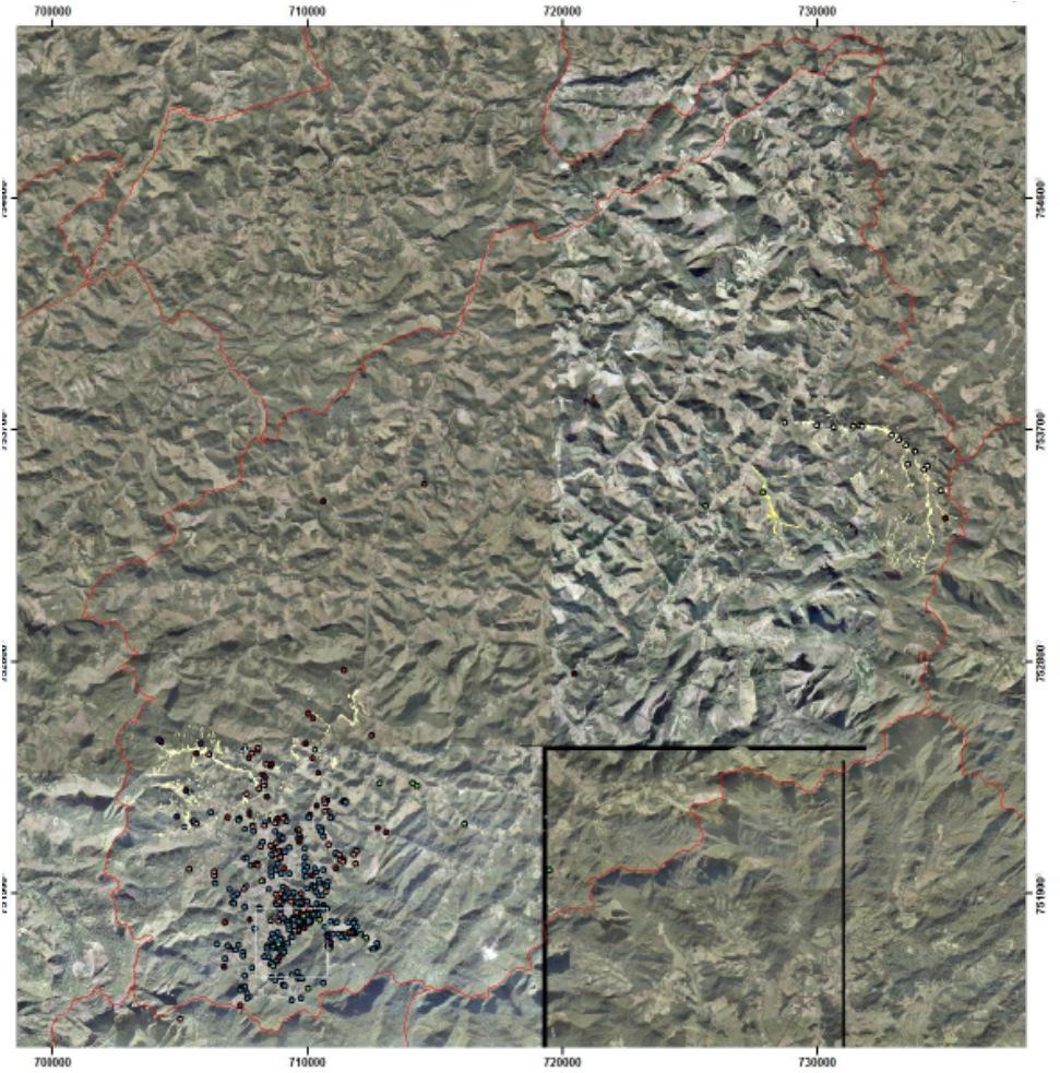 Figura 1: Localização de Teresópolis e distribuição dos documentos sobre Risco a Escorregamentos na Imagem do Google na escala 1:150.000 (extraído de Tomaz, 2013).