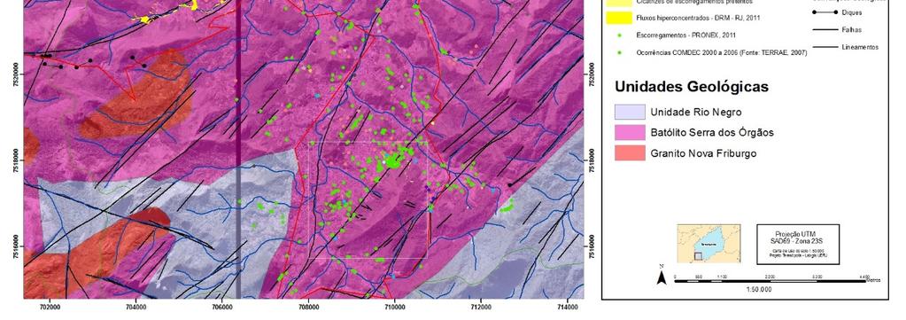 mapas geológico (DRM-RJ, 1982), de declividades naturais dos terrenos (IBGE/UERJ, 1998) e de cobertura do Solo (INPE, 2000 in IBGE/UERJ, 1998).