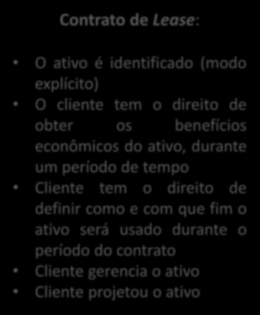 IFRS 16 - Leases Contrato de Lease: O ativo é identificado (modo explícito) O cliente tem o direito de obter os benefícios econômicos do ativo,