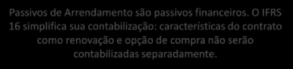 IFRS 16 - Leases Contabilização na Cia. ABC, no momento do contrato: D Direito de Uso do Ativo 5.413 D Juros a Transcorrer 4.187 (9.600 5.413) C Passivo de Arrendamento 9.