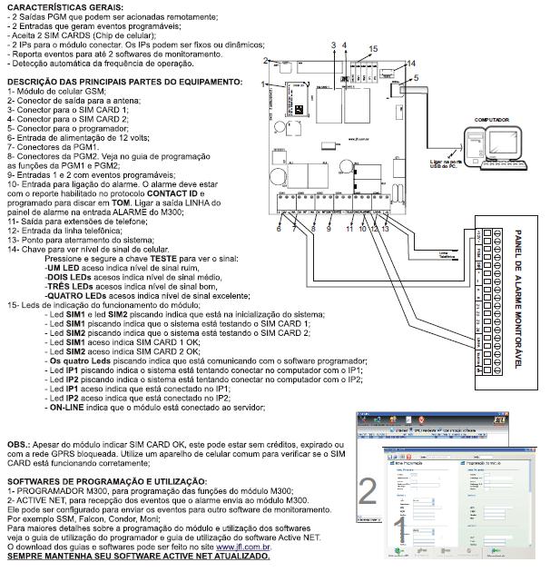 FUNCIONAMENTO: O Módulo Universal GPRS M300, ao ser energizado, entra na rede GSM da operadora via canal de dados, GPRS, e através dele estabelece uma conexão com o software Active NET, criando assim