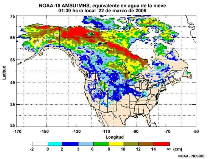 O exemplo seguinte é uma análise composta nocturna do equivalente de água da neve de NOAA-18 para uma tempestade que cubriu de neve uma