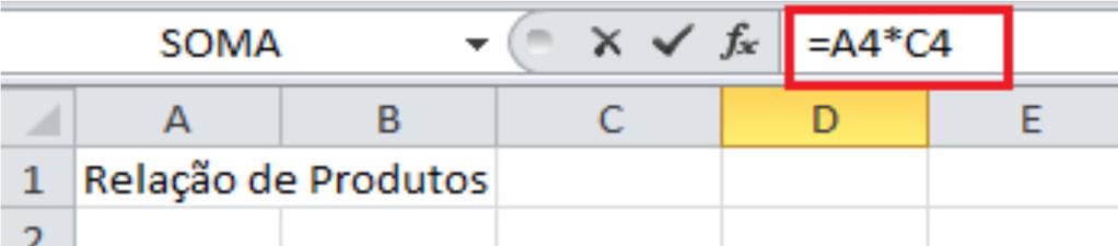 Para o total de cada produto precisamos utilizar o operador de multiplicação (*), no caso do Mouse temos que a quantidade está na célula A4 e o