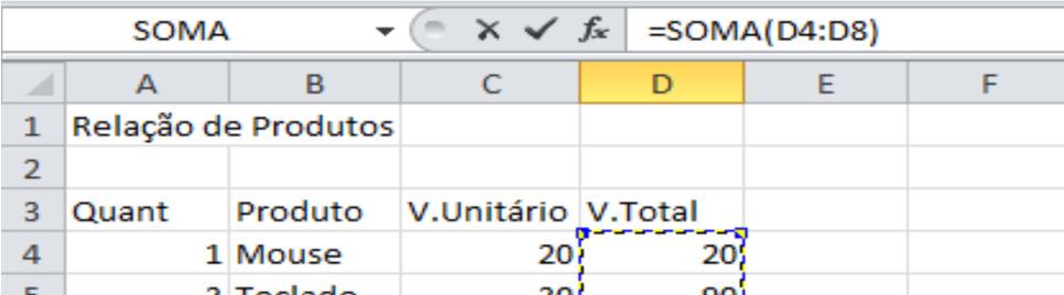 Observe conforme a imagem que o Excel acrescenta a soma e o intervalo de células, pressione