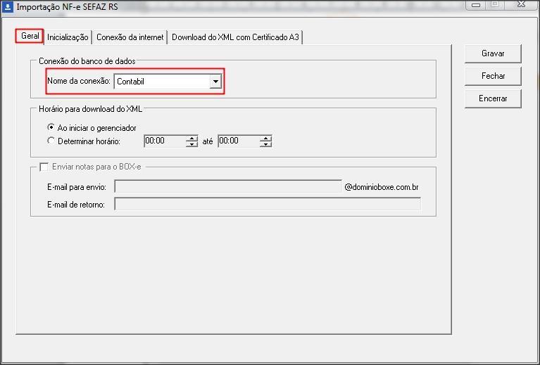 3.4 Será aberta a tela de configuração IMPORTAÇÃO NF-E SEFAZ; 3.5 Na guia GERAL no quadro CONEXÃO DO BANCO DE DADOS no campo NOME DA CONEXÃO selecione a conexão com o banco de dados; 3.