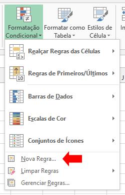 Formatação condicional com parâmetros Para personalizar e definir regras específicas para sua formatação, com o intervalo selecionado, clique em Formatação Condicional e escolha a opção Nova Regra.