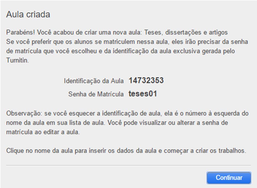 Não considere a citação no texto de criar uma nova aula Agora que foi criada a área de