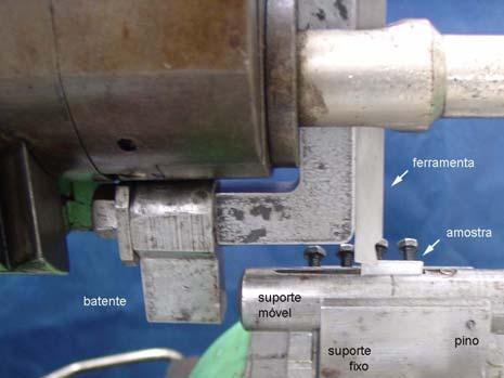 Figura 2 - (a) Montagem do dispositivo para geração de amostras de cavaco sobre uma plainalimadora. (b) Exemplar de cavaco usado para a preparação metalográfica.