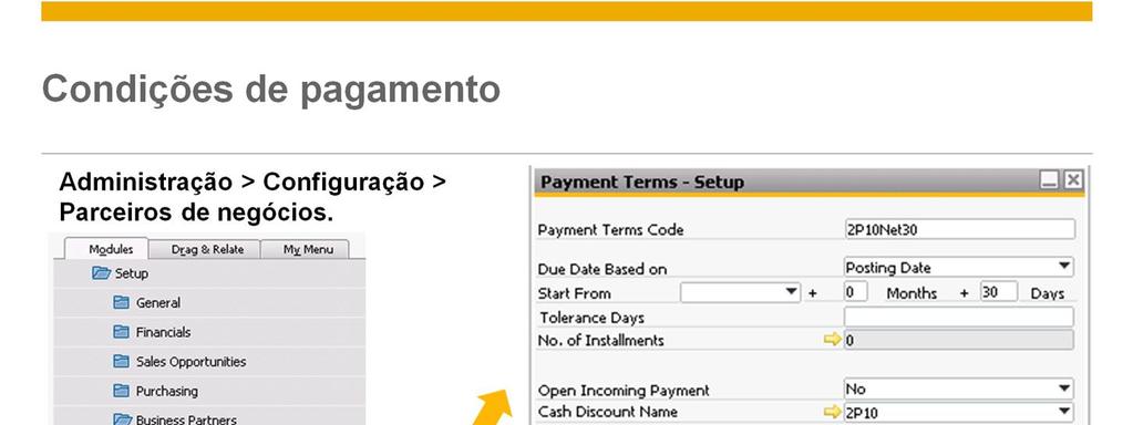 Os detalhes por trás das configurações padrão, bem como as opções de configuração adicionais são encontrados no menu Administração na Configuração dos parceiros de negócios.