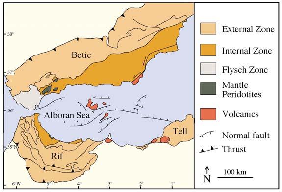 Figura II.11 Mapa geológico simplificado da Cadeia Béticas-Rif e do Mar de Alboran. (Extraída de Rosenbaum et al., 2002).