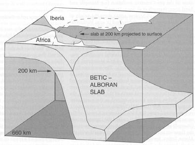 Figura II.18 Esquema 3D interpretativo da geometria da anomalia positiva de tomografia sísmica registada sob a região Béticas-Rif-Alboran.