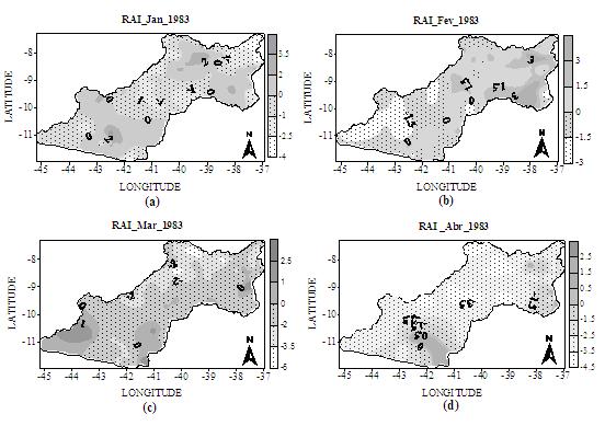 328 Ainda no mesmo período, são observados valores negativos na região do Submédio da bacia (Figura 8), evidenciando seca em maior parte da região analisada durante os meses de janeiro a abril.