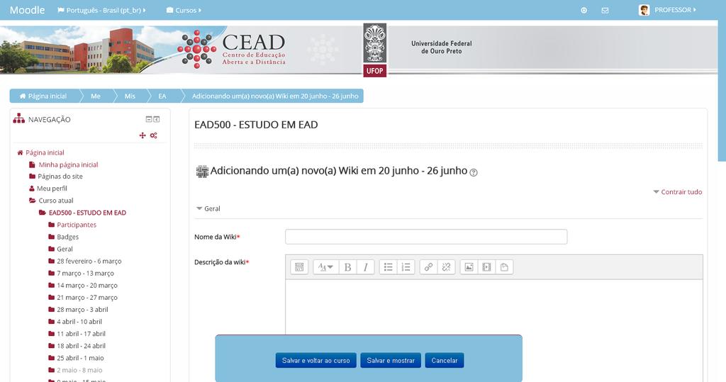 INSERINDO A ATIVIDADE WIKI 12 A atividade wiki é parecida com o fórum, no entanto a contribuição postada por cada participante fica exposta em um único texto, ou seja, permite construir um texto em