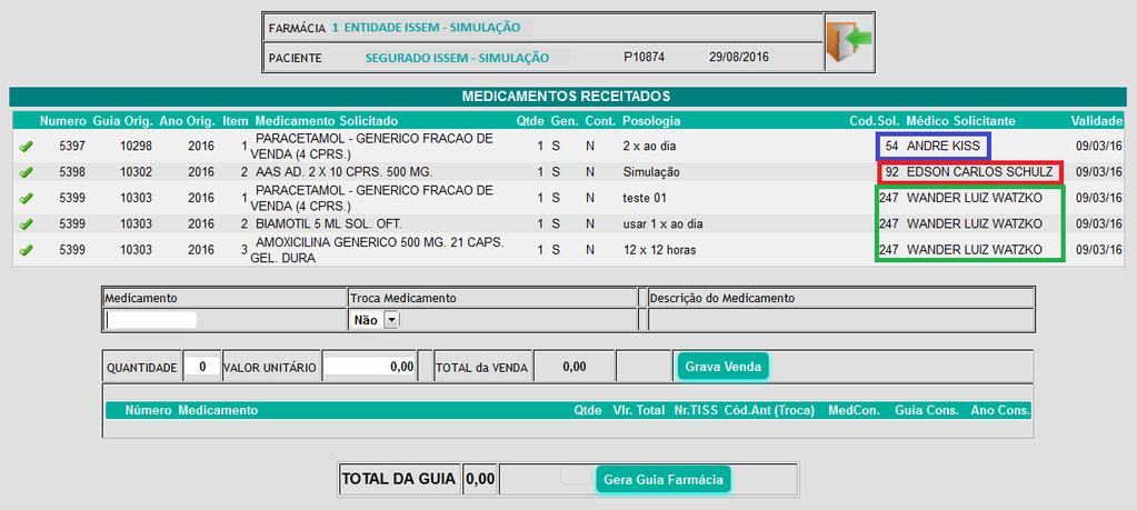 Para selecionar o medicamento para venda, é necessário clicar no ícone, atentando-se a receita que o segurado entregar, pois podem existir medicações de diferentes médicos, conforme segue no exemplo