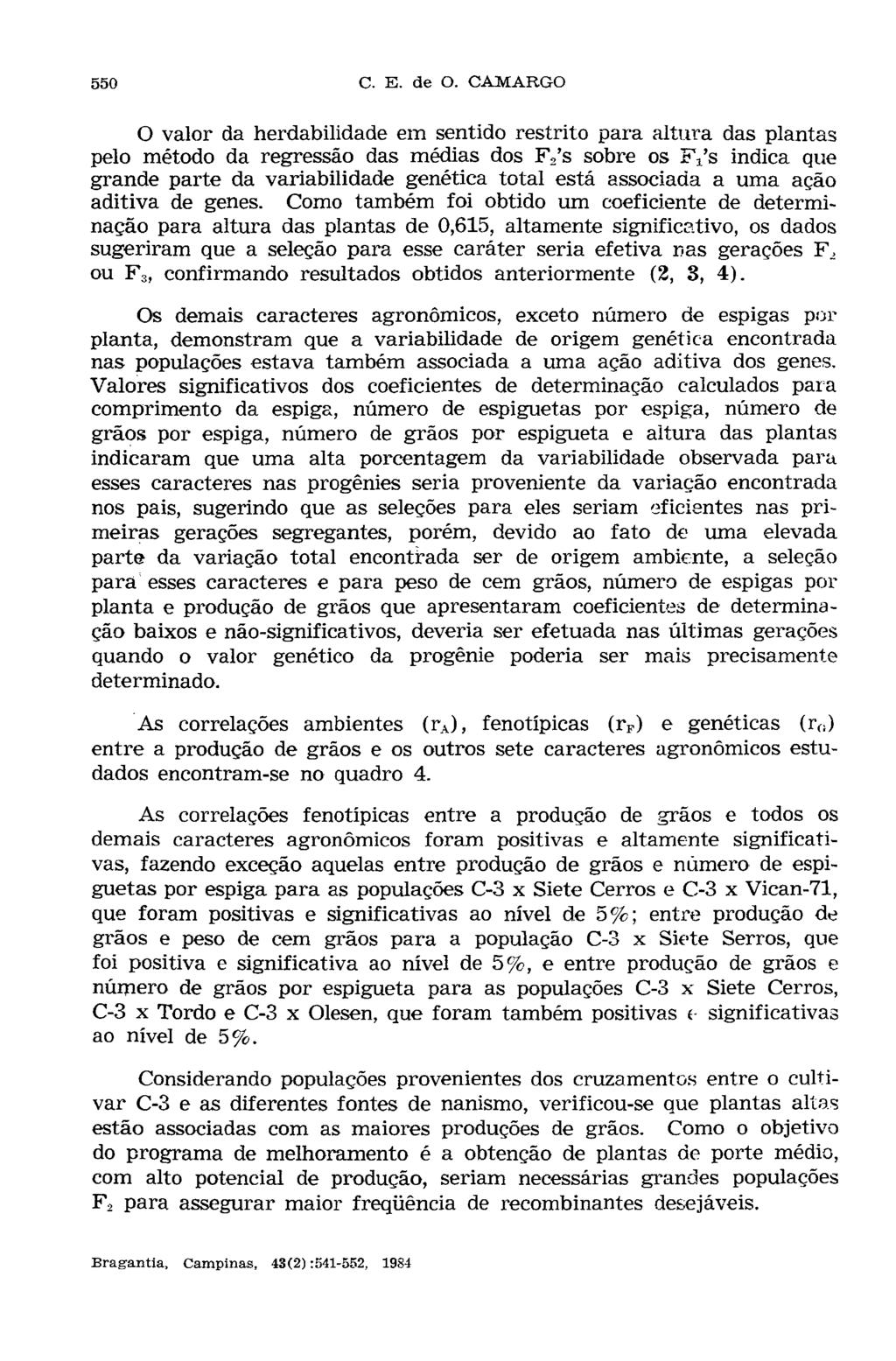 O valor da herdabilidade em sentido restrito para altura das plantas pelo método da regressão das médias dos F 2 's sobre os Fj/s indica que grande parte da variabilidade genética total está