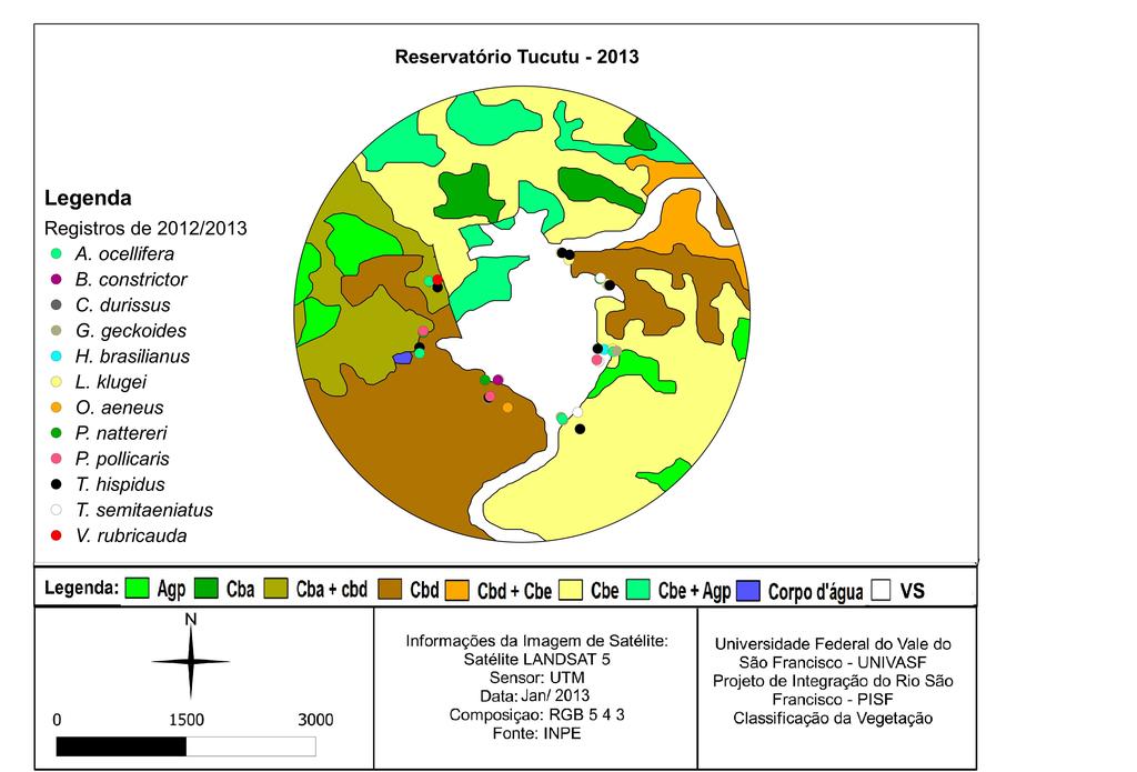 40 Figura 17: Mapa de levantamento e distribuição da fauna de répteis Squamata resgatada no período de 2012 e 2013; e classificação da vegetação das áreas adjacentes ao Reservatório Tucutu, durante a