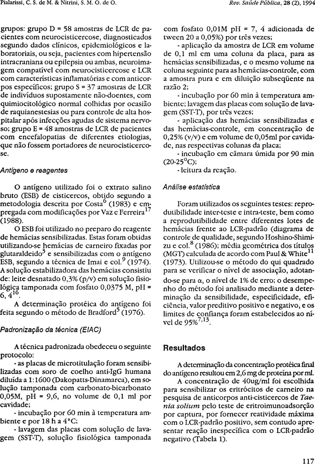 grupos: grupo D = 58 amostras de LCR de pacientes com neurocisticercose, diagnosticados segundo dados clínicos, epidemiológicos e laboratoriais, ou seja, pacientes com hipertensão intracraniana ou