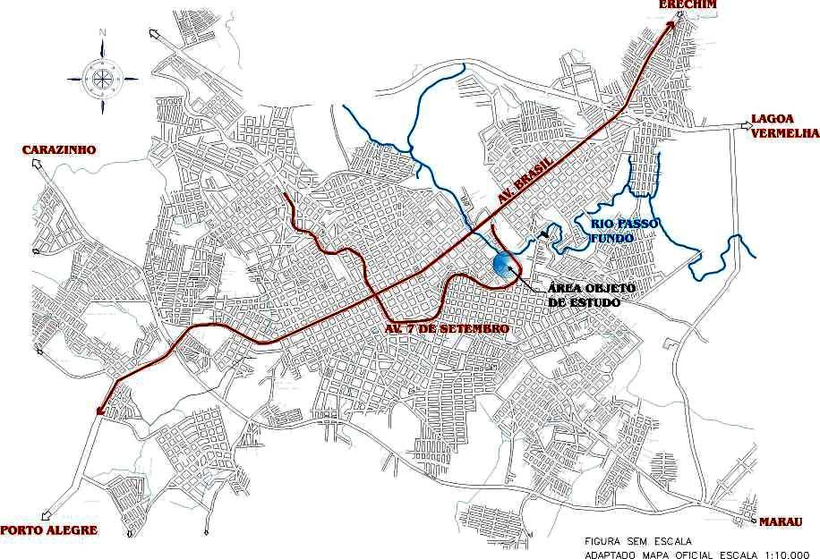 Figura 4: Mapa do perímetro urbano com localização da área objeto de estudo. A Tabela 1 apresenta dados relativos à população existente na área de ocupação definida como foco central de intervenção.