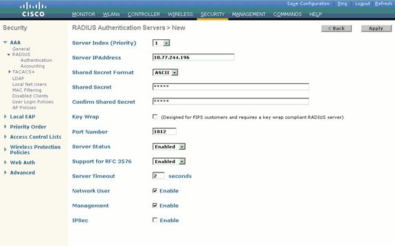 Configurar o WLC para a autenticação RADIUS através de um servidor de raio externo O WLC precisa de ser configurado a fim enviar as credenciais do usuário a um servidor de raio externo.