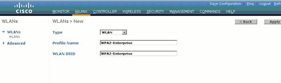 3. Dê entrada com o nome WLAN SSID, e o nome de perfil no WLAN > página nova. Então, o clique aplica-se.este exemplo usa WPA2-Enterprise como o SSID. 4.