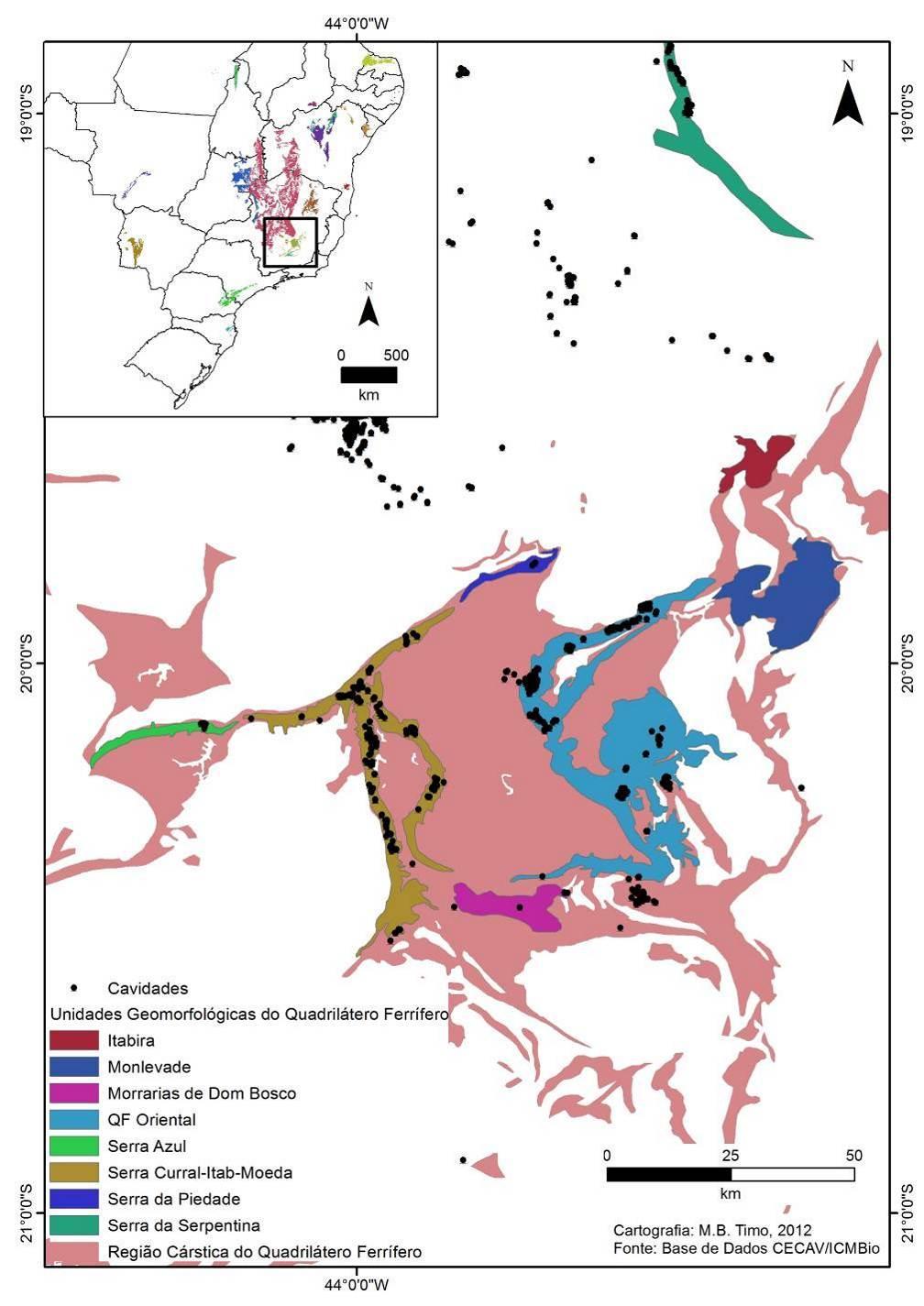 Figura 2: Mapa da Distribuição das cavidades de acordo com as unidades geomorfológicas da unidade espeleológica do Quadrilátero Ferrífero.