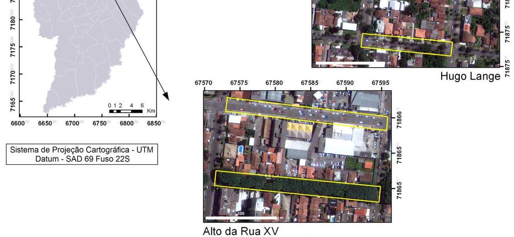 Estes equipamentos foram posicionados na calçada sul das ruas com sentido lesteoeste e na calçada oeste da rua com sentido norte-sul, de maneira a reduzir a interferência causada pela movimentação