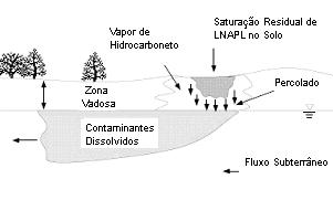 Figura V - 14: LNAPL retido em estado de saturação residual na zona não saturada. Fonte: Newell et al. EPA.