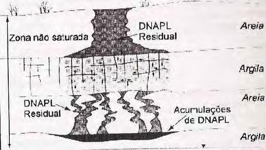 Depois de atingida a zona saturada, o DNAPL continua movendo-se até atingir a condição de saturação residual, constituindo um sistema trifásico água, sólidos e DNAPL.