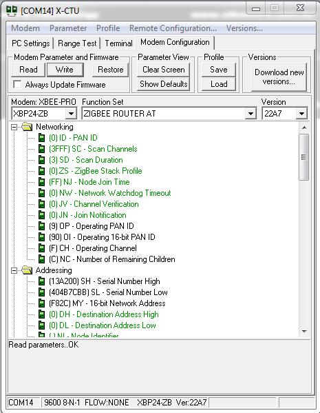 Clicar em Modem Configuration e, em seguida, clicar em Read para acessar e definir os parâmetros de configuração do modem.