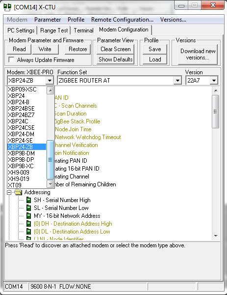 Em Function Set, escolher a função Coordenador AT para o primeiro módulo e Router AT para o
