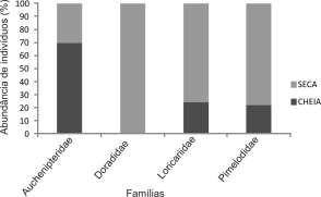 9 porcentagem de indivíduos encontrados na estação cheia 70%, enquanto que no período de seca, Doradidade teve 100% dos indivíduos capturados e Loricariidae e Pimelodidae 76% e 78%, respectivamente