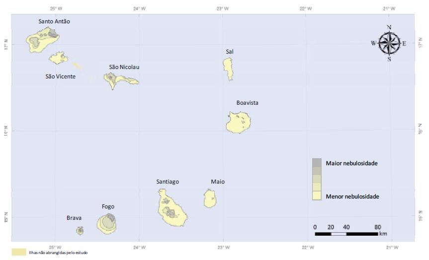 Figura 9: Mapeamento das zonas de maior nebulosidade [1] Conclui-se então que, as ilhas de Santo Antão, São Nicolau, Fogo e Brava registam maiores índices de nebulosidade.