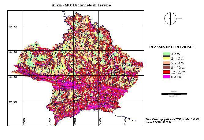 RESULTADOS E DISCUSSÕES A declividade do terreno representada na fig. 1 foi mapeada nas seguintes classes: menor que 2%; 2 a 5%; 5 a 8%; 8 a 12%; 12 a 20%; e maior que 20%. Fig.