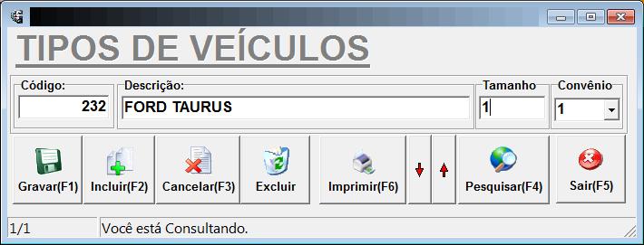 Para incluir novo registro de veículo clique no botão incluir, após digitar a informação desejada clique no botão gravar e assim sucessivamente.