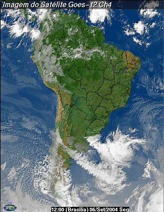 Meteorologia: Exemplo de previsão do tempo Satélites Parte 2 Na imagem de satélite GOES-12, do dia 06/09 das 09:00h (horário de Brasília) observam-se nuvens com desenvolvimento vertical na Região