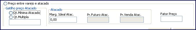 3.3.4 Na tela de cadastro, marque a opção Preço entre embalagens e preencha os campos Variação do Preço e Margem Ideal ou marque Preço entre atacado e varejo e informe os campos abaixo: Importante: