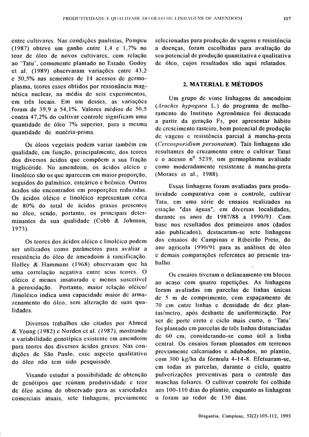 entre cultivares. Nas condições paulistas, Pompeu (1987) obteve um ganho entre 1,4 e 1,7% no teor de óleo de novos cultivares, com relação ao 'Tatu 1, comumente plantado no Estado. Godoy et ai.