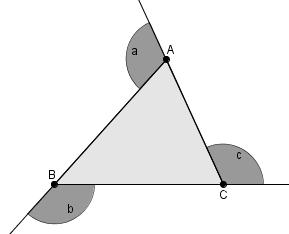 a) Construa um triângulo ABC qualquer em uma folha avulsa, prolongue os lados CA, AB e BC desse triângulo, de forma que você obtenha os ângulos externos a, b e c, conforme a figura abaixo.