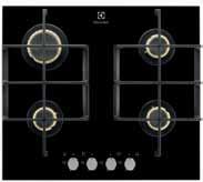 5 queimadores a gás natural - 1 queimador de tripla coroa: 3800 W/122 mm - 3 queimadores: 1900 W/70 mm - 1 queimador: 1000 W/54 mm Comandos frontais rotativos Segurança termoelétrica Ignição elétrica