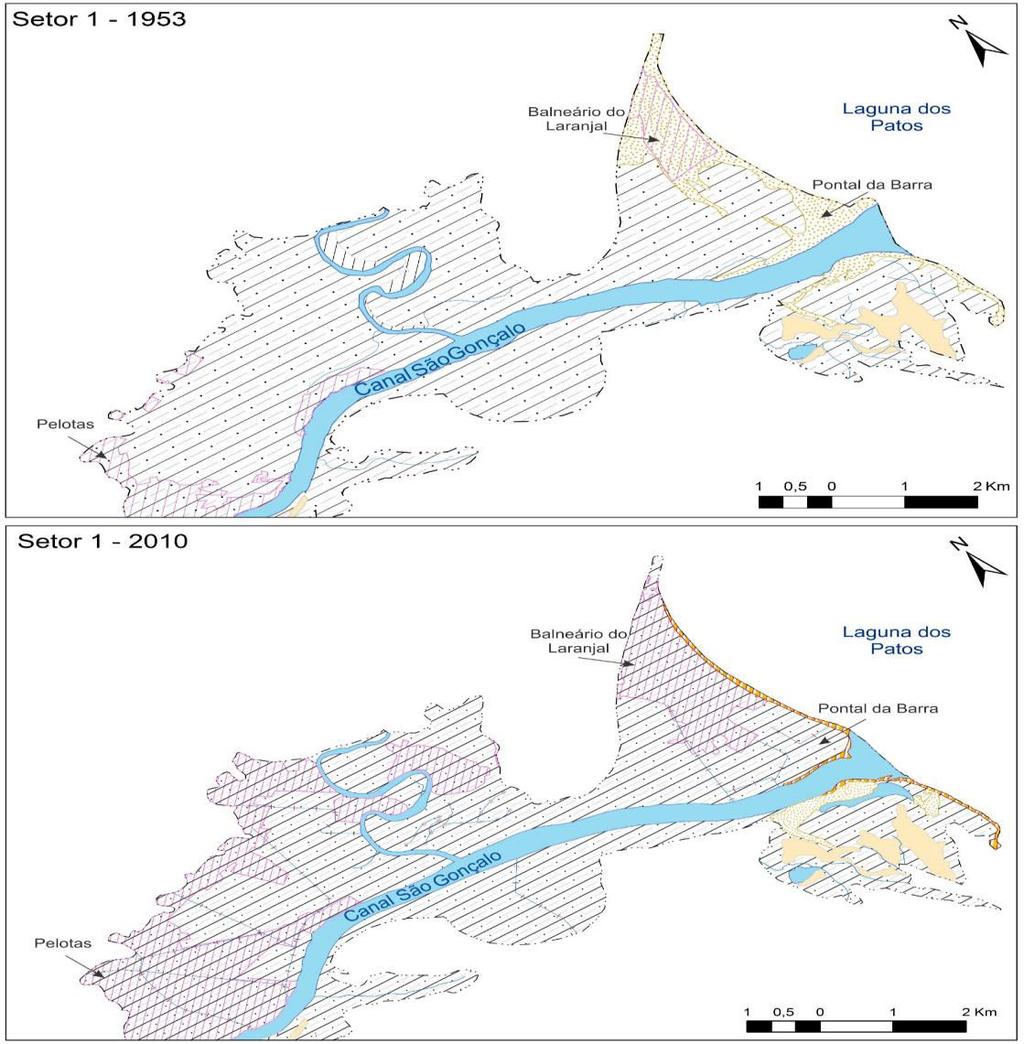 Alterações geomorfológicas na planície lagunar gaúcha sob influência do canal São Gonçalo As alterações geomorfológicas na área em estudo foram analisadas a partir de setores, definidos de acordo com