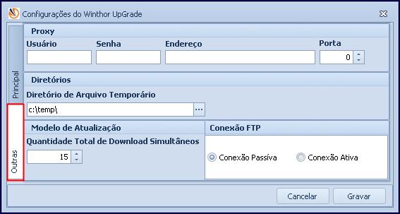 2.2) Ainda na tela Configuração de Atualização, acesse a aba Outros, preencha os campos referentes ao Proxy (somente se possuir) e se desejar, altere a Quantidade Total de Downloads Simultâneos.