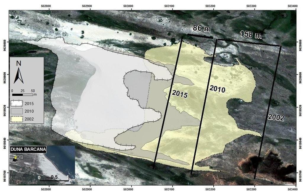 Figura 05: Gráfico da área temporal da duna barcanóide, em m². Fonte: MARQUES (2016). A Duna Barcana em questão situa-se ao sudeste da planície costeira de Paracuru.