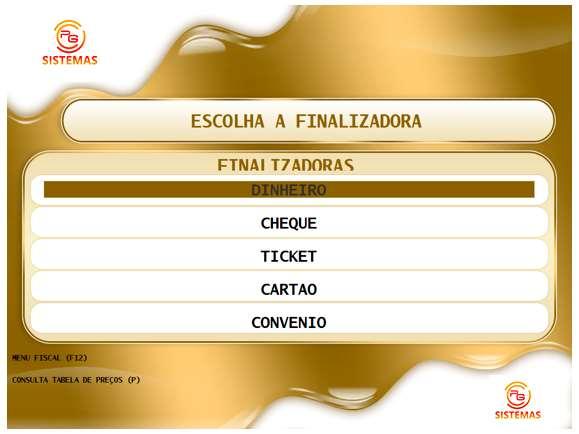 Pode-se pagar também em mais de uma finalizadora, basta informar o valor da primeira e em seguida será exibida a tela abaixo, com o saldo a pagar, onde