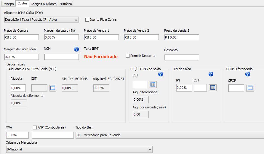 2.2.3 Aba Custos. Alíquota ICMS de saída, neste local podemos selecionar a % da alíquota de venda do produto.