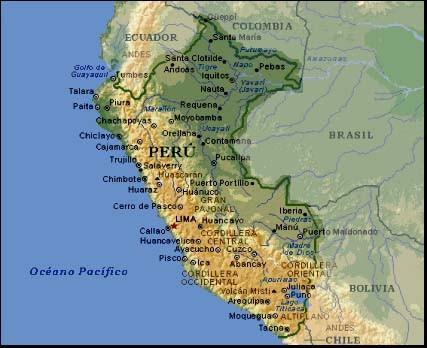 2.3. Geografia e Clima Geografia O Peru é um país totalmente voltado para o Pacífico, confinando a norte com o Equador e a Colômbia, a leste com o Brasil, a sudeste com a Bolívia e a sul com o Chile.