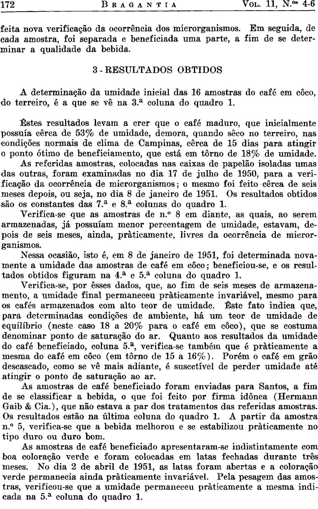 3-RESULTADOS OBTIDOS A determinação da umidade inicial das 16 amostras do café em coco, do terreiro, é a que se vê na 3. a coluna do quadro 1.