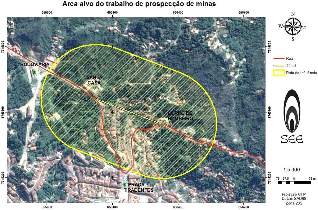 Figura 2-16: Locação de um possível eixo para o túnel previsto e raio de influência sobre minas. Fonte: SEE As atividades de campo foram realizadas durante o mês de setembro de 2014.