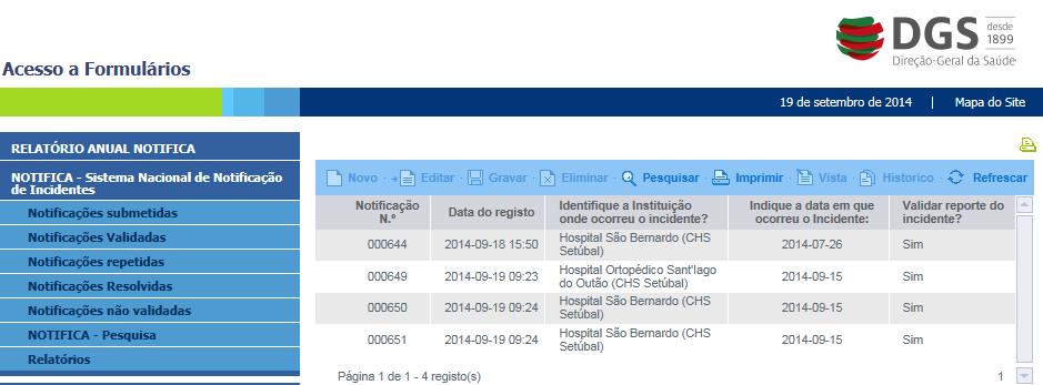 Notificações Validadas As notificações validadas para análise posterior ficam listadas neste separador (ver imagem a seguir).