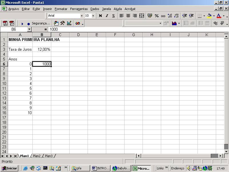 Bertolo Introdução ao Excel 2 Vá para a célula B7. Nós queremos ter a fórmula =B6*(1+B3) nesta célula.