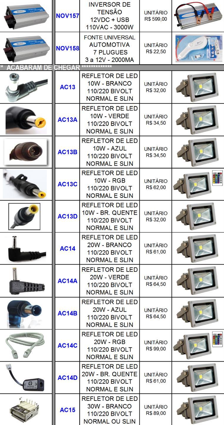 110VAC - 3000W R$ 599,00 FONTE UNIVERSAL NOV158 AUTOMOTIVA 7 PLUGUES 3 a 12V - 2000MA R$ 22,50 ************* ACABARAM DE CHEGAR ************* 10W - BRANCO R$ 32,00 10W - VERDE AC13A R$ 34,50 10W -